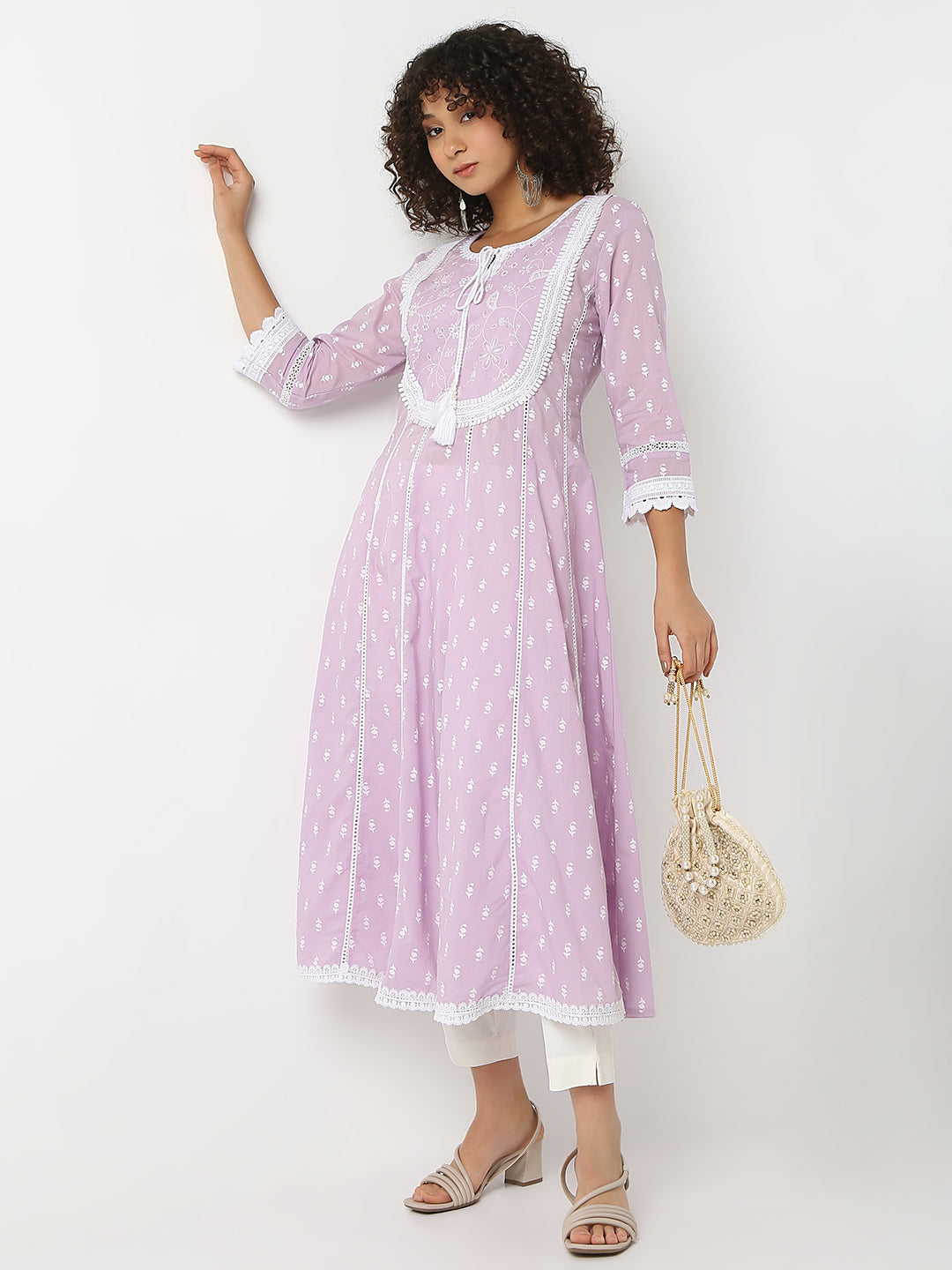 Regular Fit Embroidered Round Neck Three-Fourth Sleeve Kurta