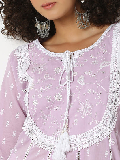 Regular Fit Embroidered Round Neck Three-Fourth Sleeve Kurta