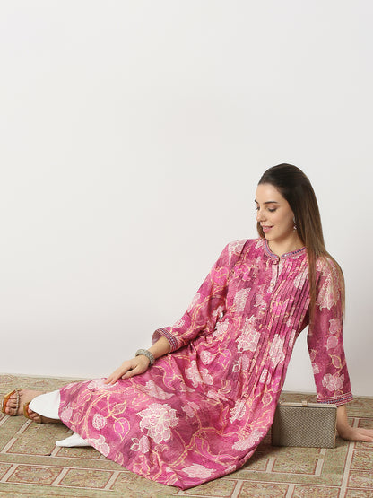Flare Fit Printed Band Neck Kurta