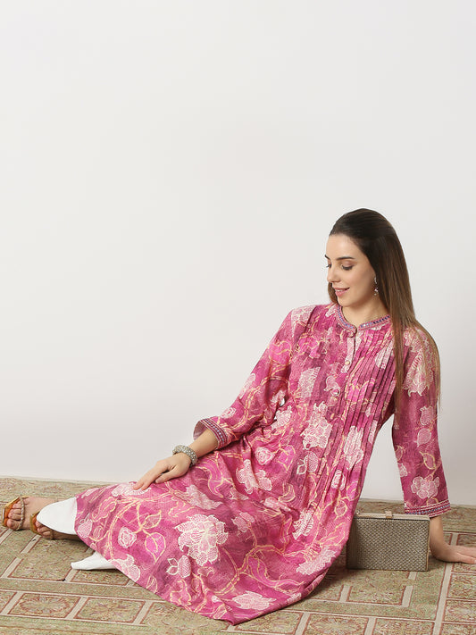 Flare Fit Printed Band Neck Kurta