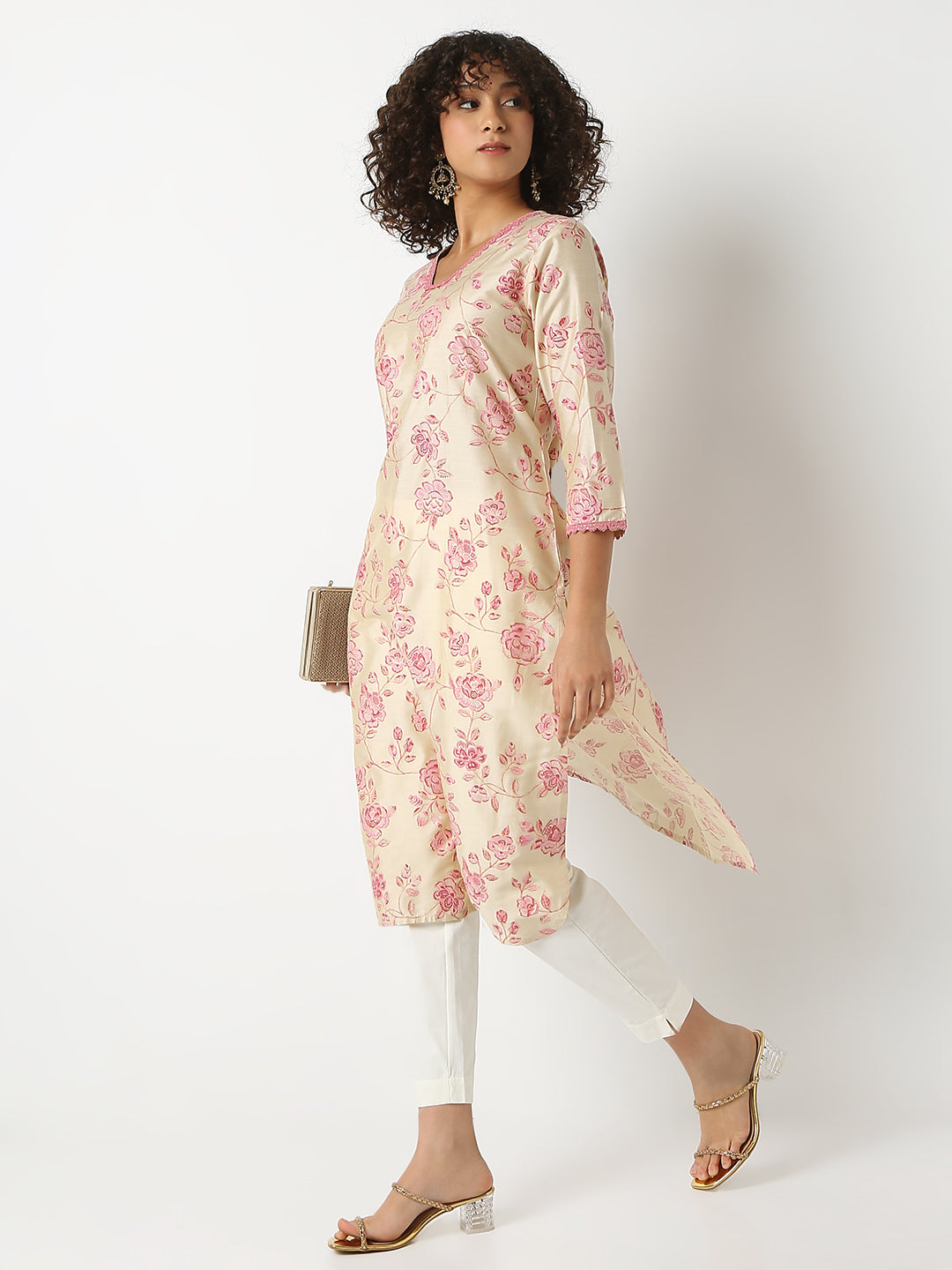 Regular Fit Printed V-Neck Three-Fourth Sleeve Kurta