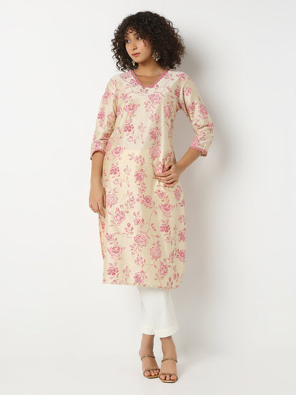 Regular Fit Printed V-Neck Three-Fourth Sleeve Kurta