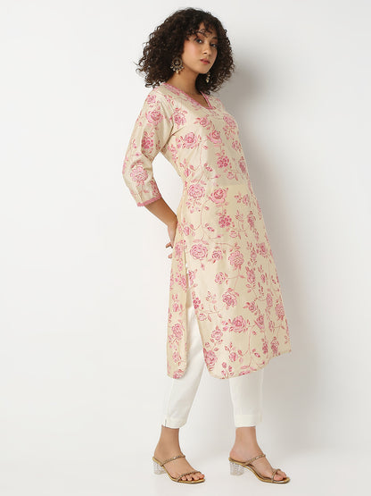 Regular Fit Printed V-Neck Three-Fourth Sleeve Kurta