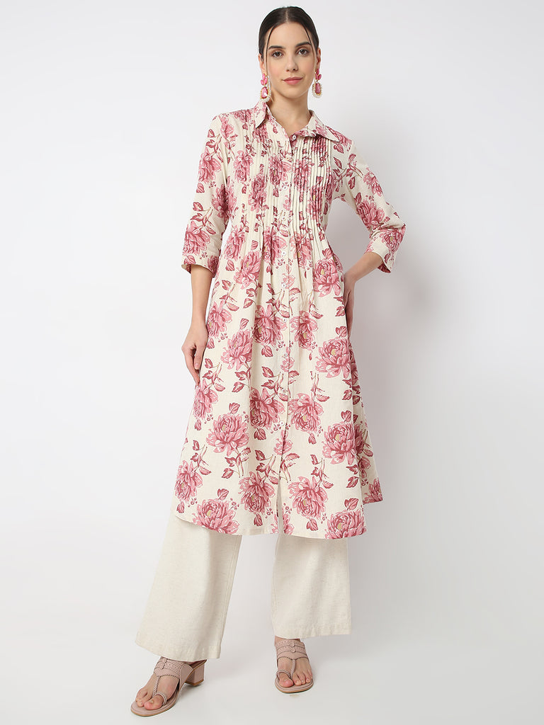 Flare Fit Floral Print Shirt Collar A Line Kurta