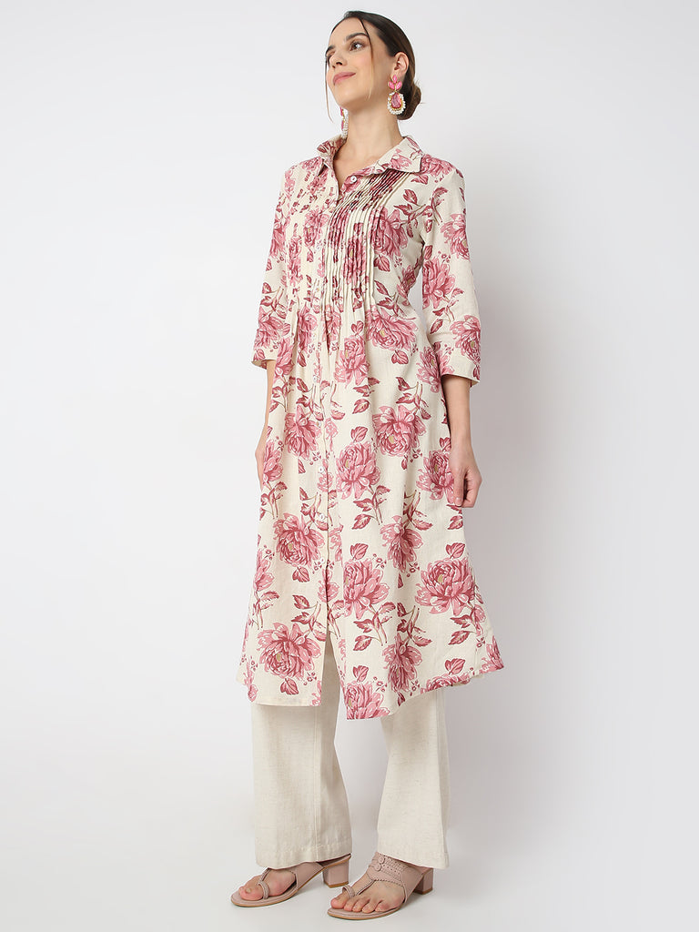 Flare Fit Floral Print Shirt Collar A Line Kurta