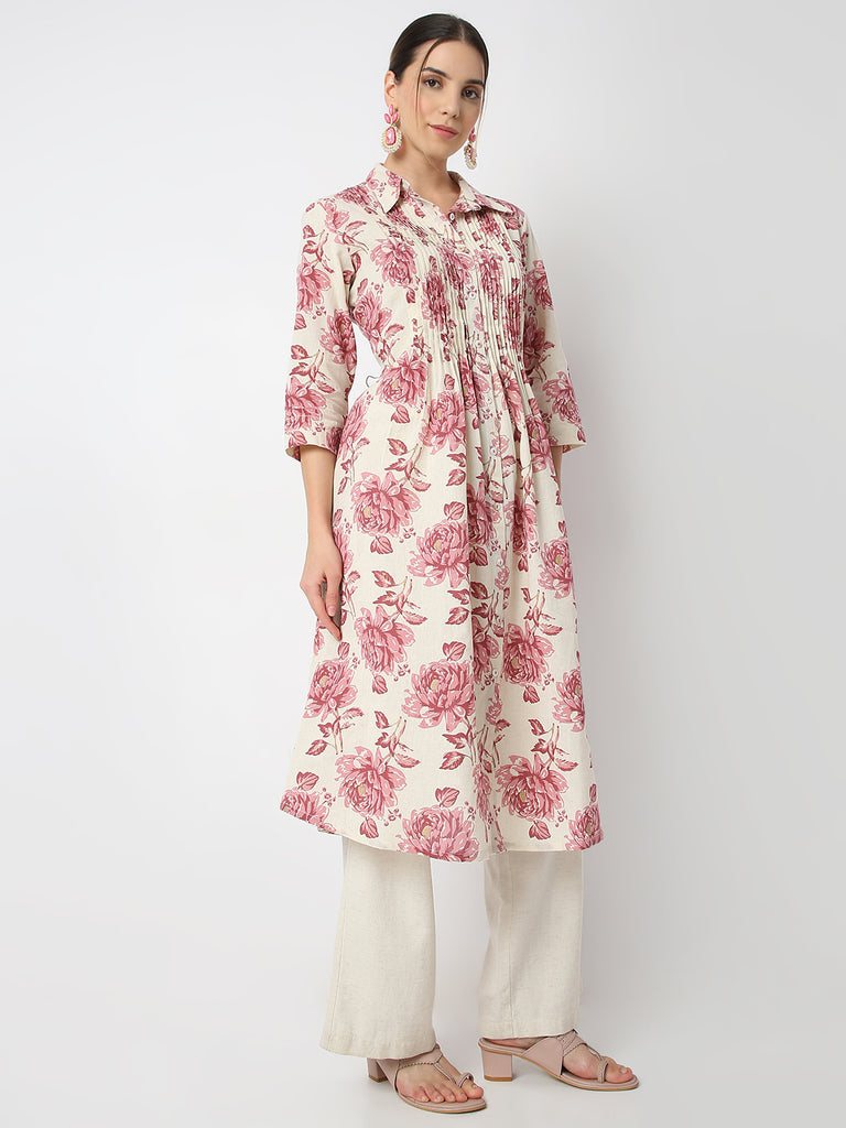 Flare Fit Floral Print Shirt Collar A Line Kurta