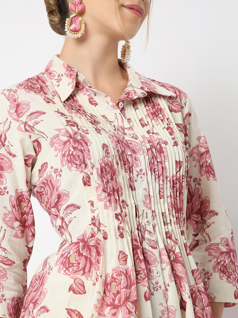 Flare Fit Floral Print Shirt Collar A Line Kurta