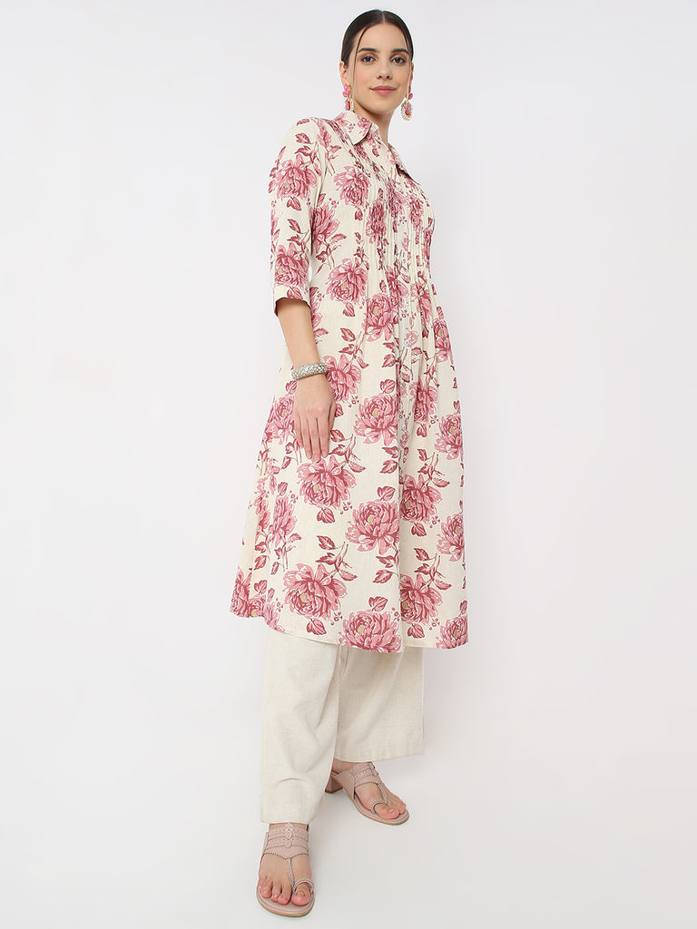 Flare Fit Floral Print Shirt Collar A Line Kurta