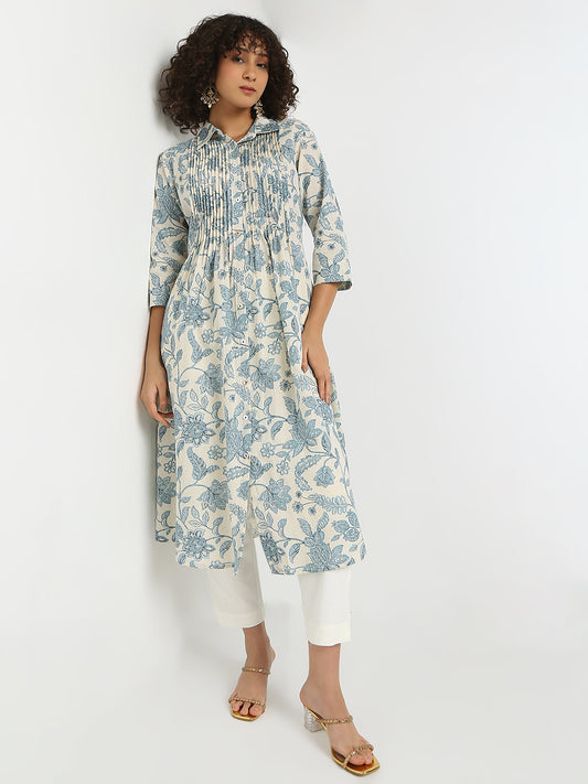 Flare Fit Printed Shirt Collar Three-Fourth Sleeve Kurta