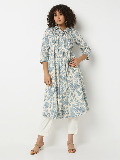 Flare Fit Printed Shirt Collar Three-Fourth Sleeve Kurta
