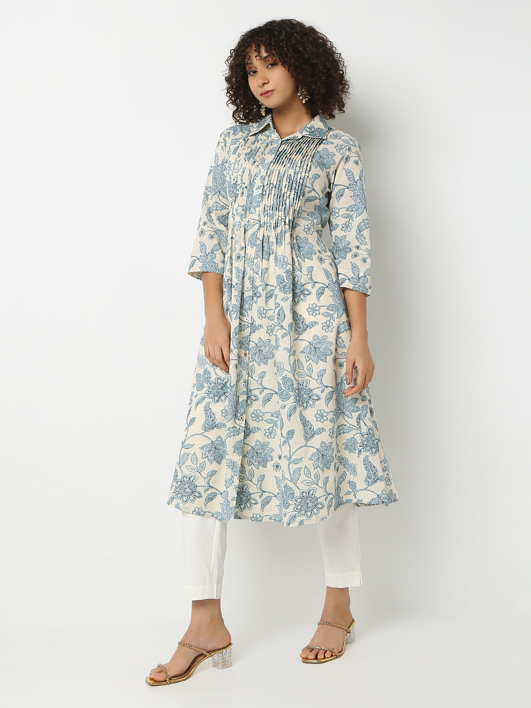 Flare Fit Printed Shirt Collar Three-Fourth Sleeve Kurta