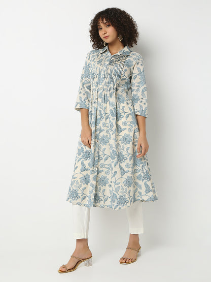 Flare Fit Printed Shirt Collar Three-Fourth Sleeve Kurta