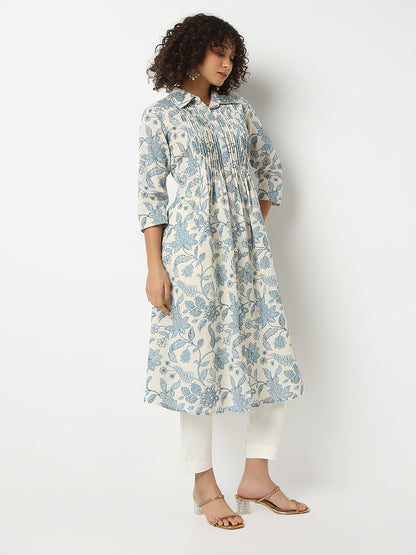 Flare Fit Printed Shirt Collar Three-Fourth Sleeve Kurta