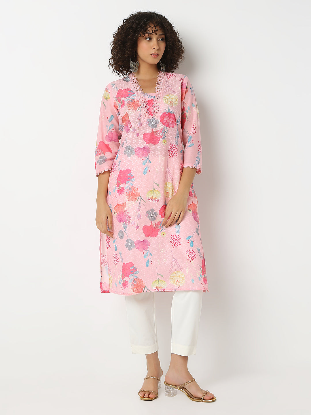 Regular Fit Printed V-Neck Three-Fourth Sleeve Kurta