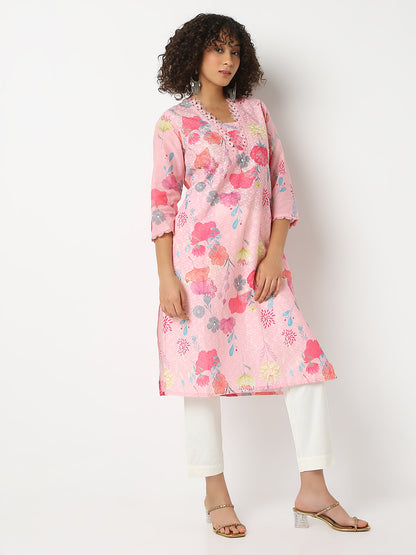 Regular Fit Printed V-Neck Three-Fourth Sleeve Kurta