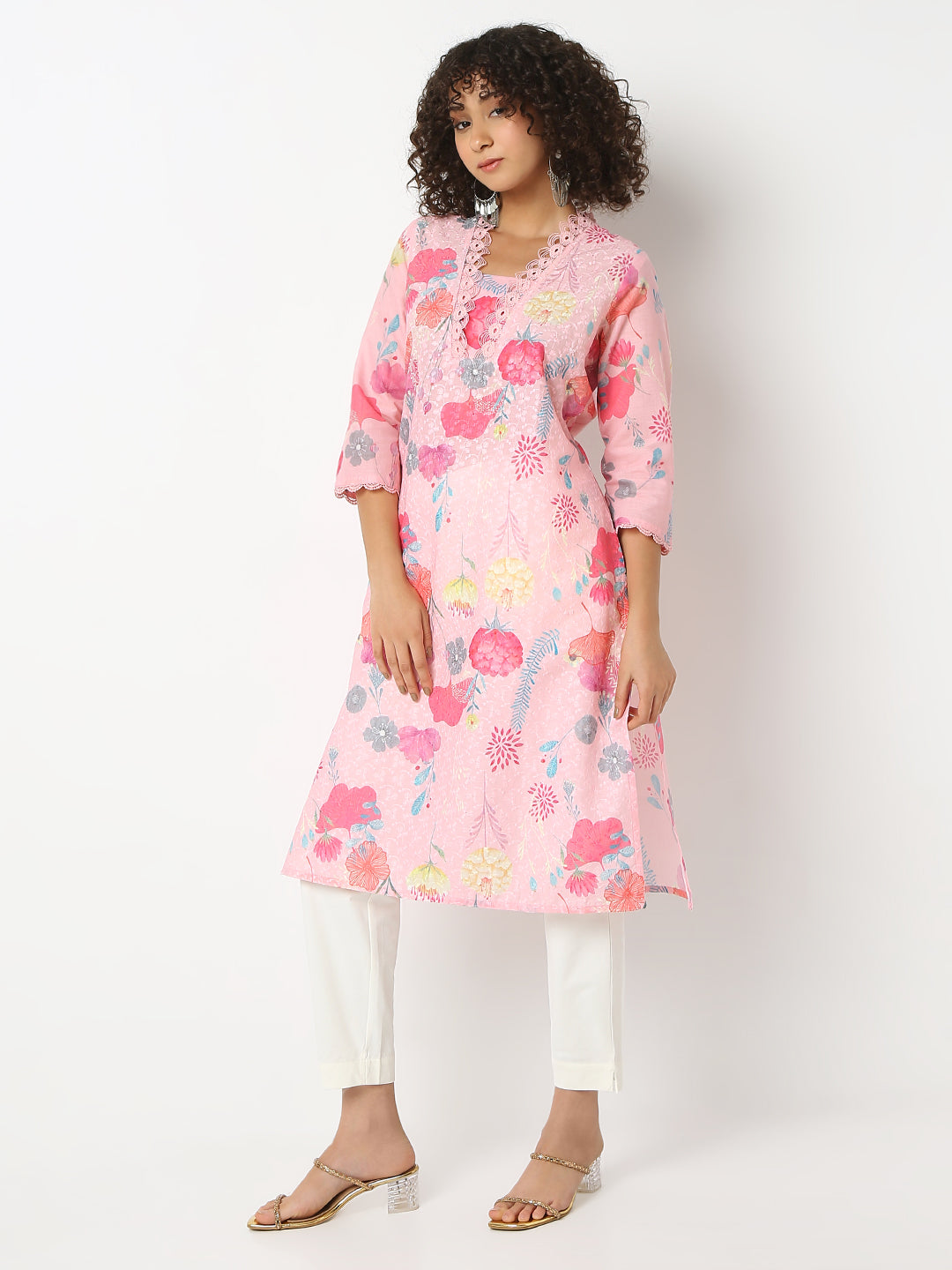 Regular Fit Printed V-Neck Three-Fourth Sleeve Kurta