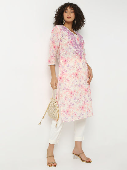Regular Fit Printed V-Neck Three-Fourth Sleeve Kurta