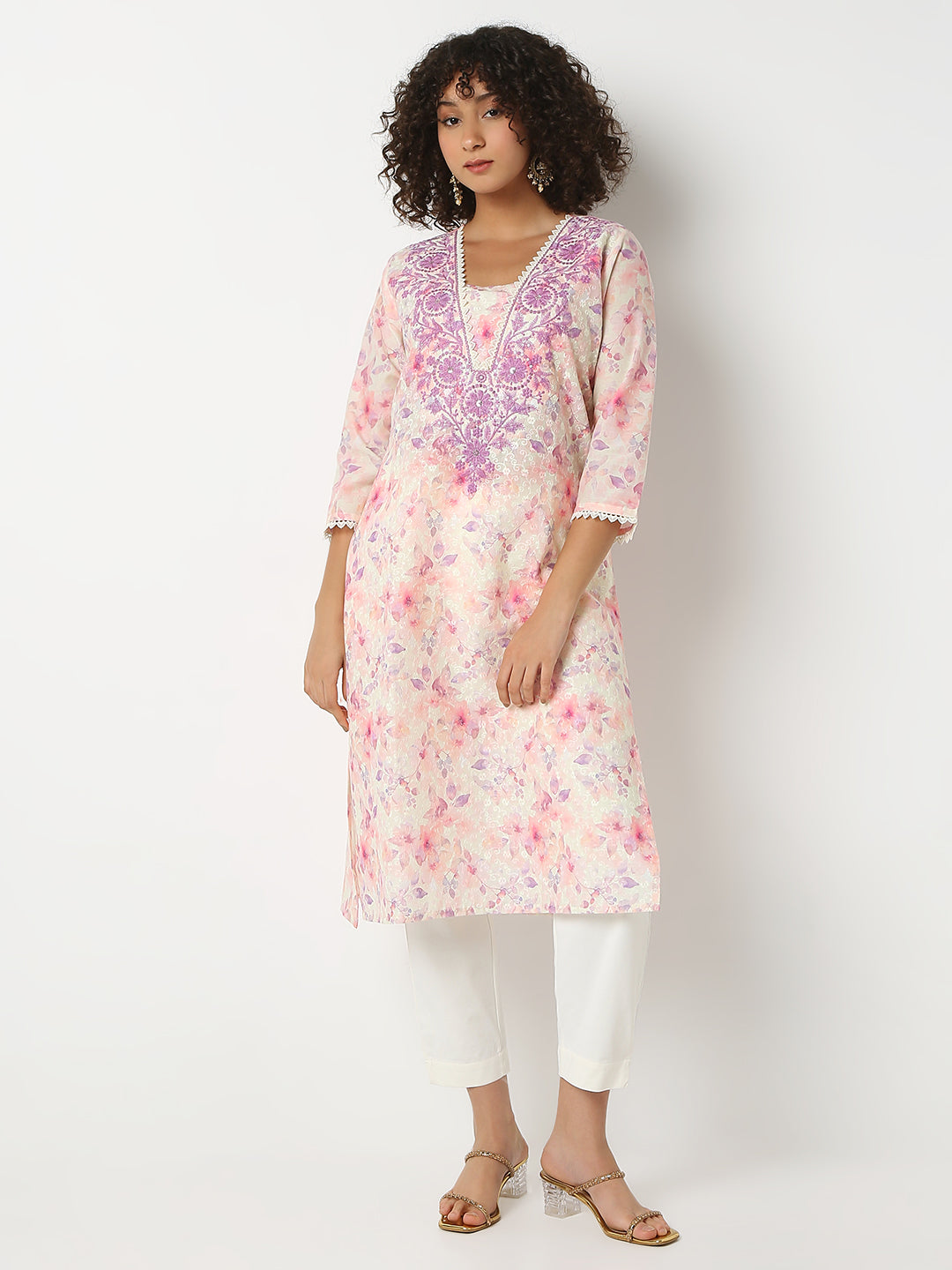 Regular Fit Printed V-Neck Three-Fourth Sleeve Kurta