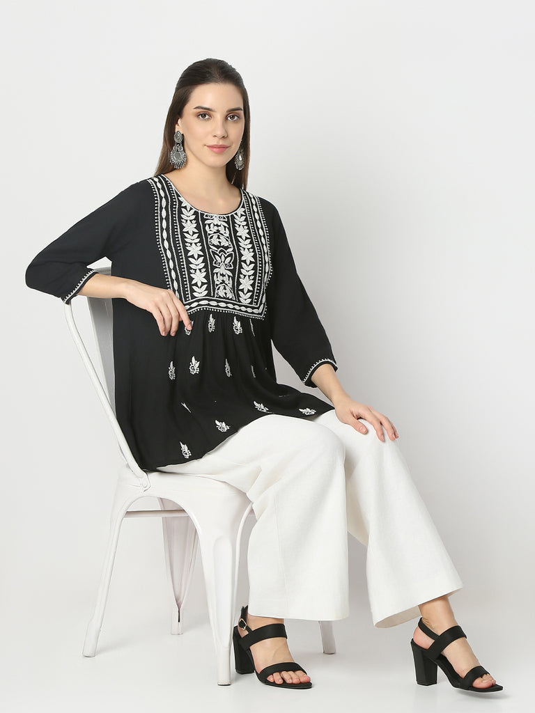 Flare Fit Embroidered Round Neck Short Kurta