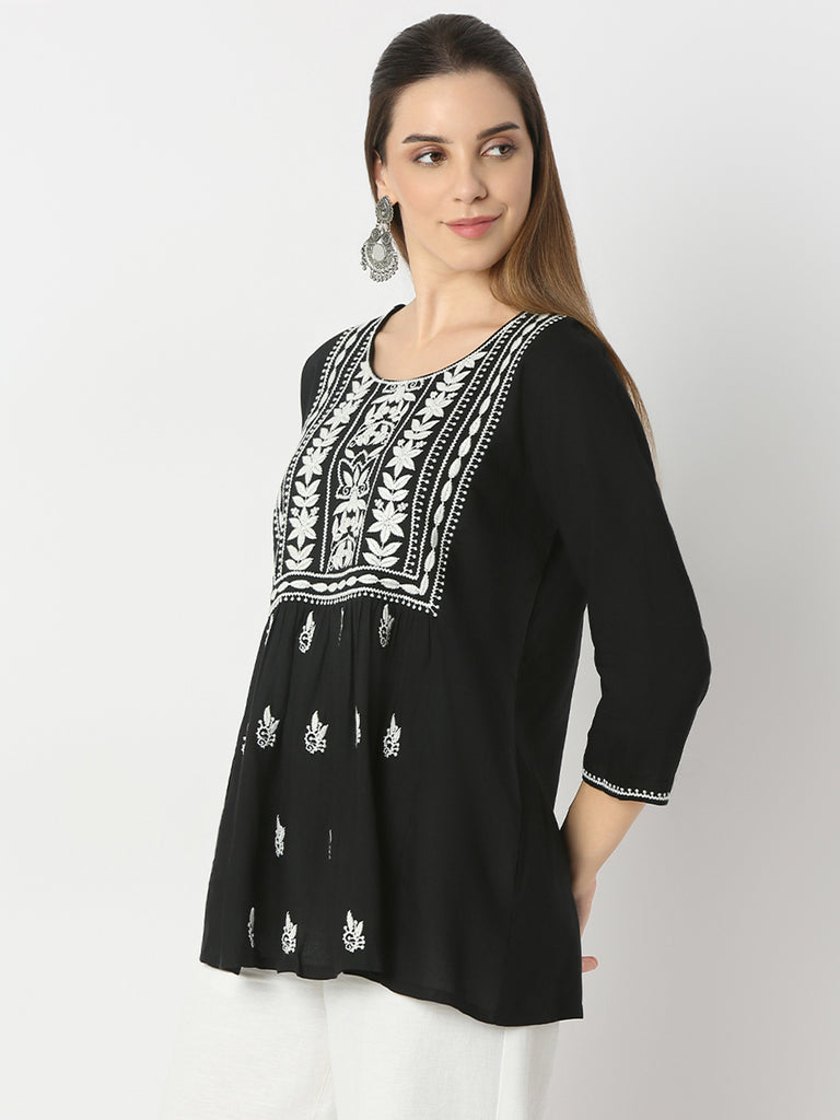 Flare Fit Embroidered Round Neck Short Kurta