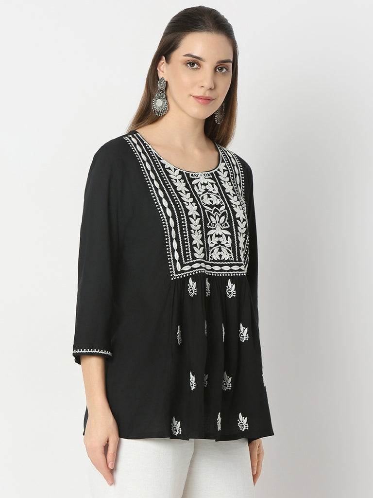 Flare Fit Embroidered Round Neck Short Kurta