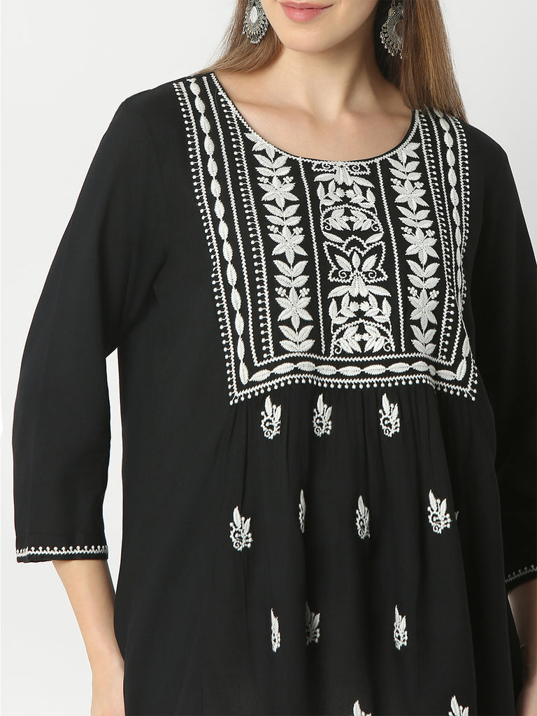 Flare Fit Embroidered Round Neck Short Kurta