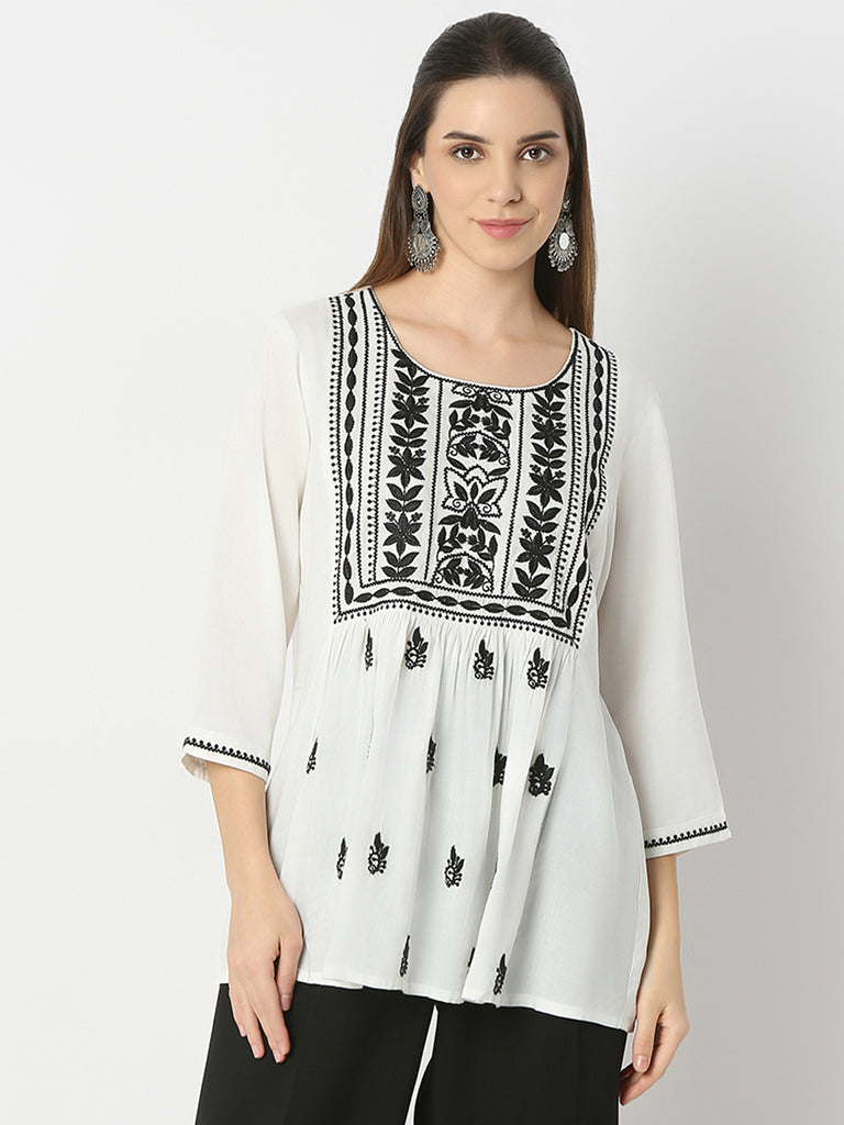 Flare Fit Embroidered Round Neck Short Kurta