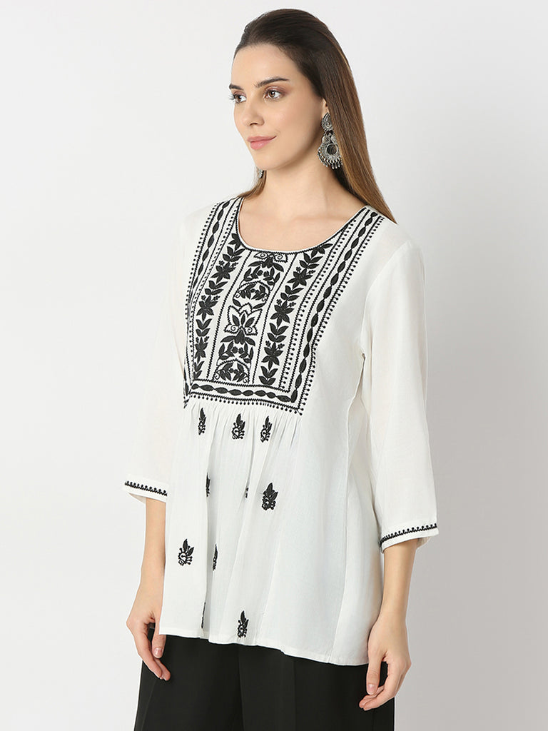 Flare Fit Embroidered Round Neck Short Kurta