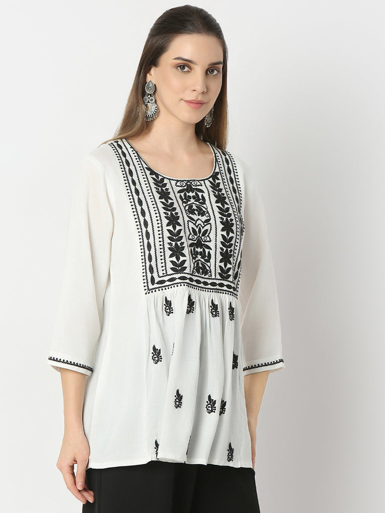 Flare Fit Embroidered Round Neck Short Kurta