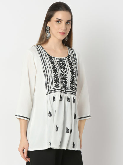 Flare Fit Embroidered Round Neck Short Kurta