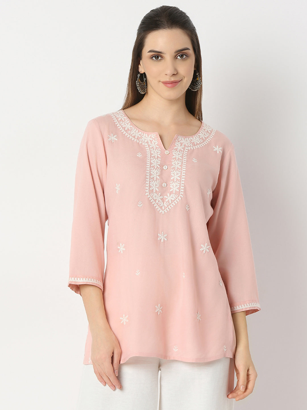Regular Fit Embroidered Round Neck Short Kurta