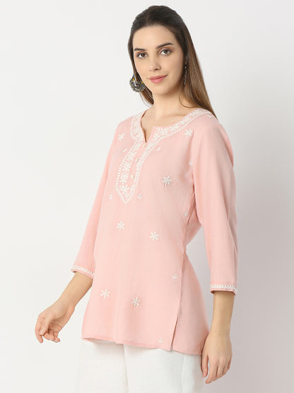 Regular Fit Embroidered Round Neck Short Kurta