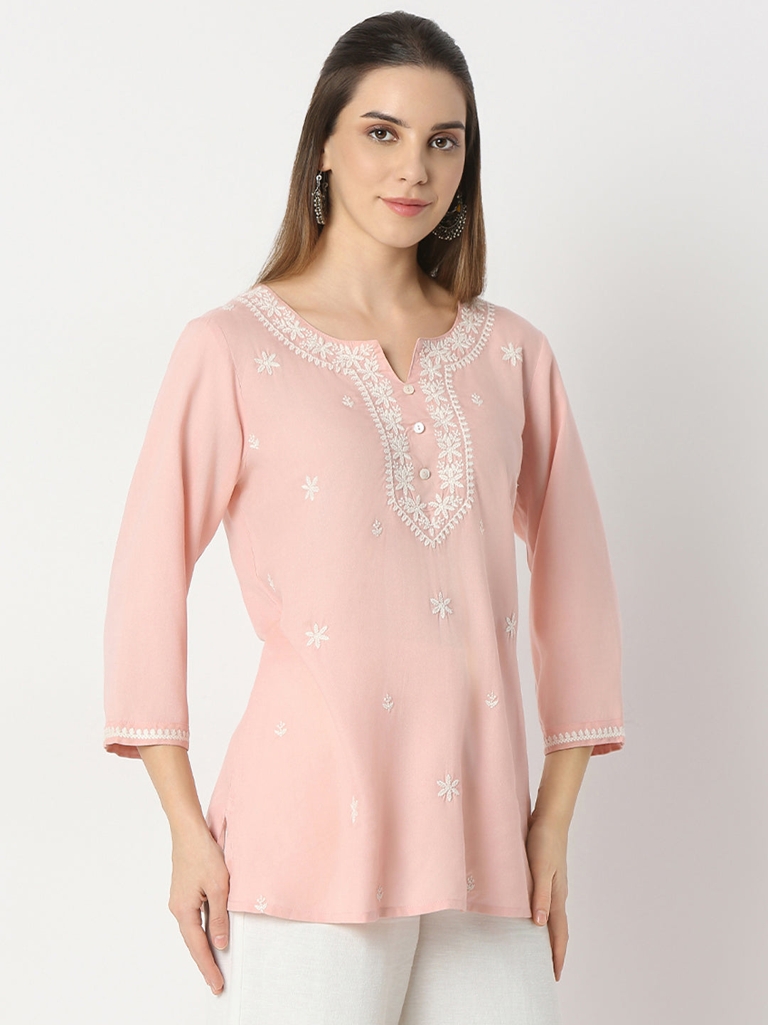 Regular Fit Embroidered Round Neck Short Kurta