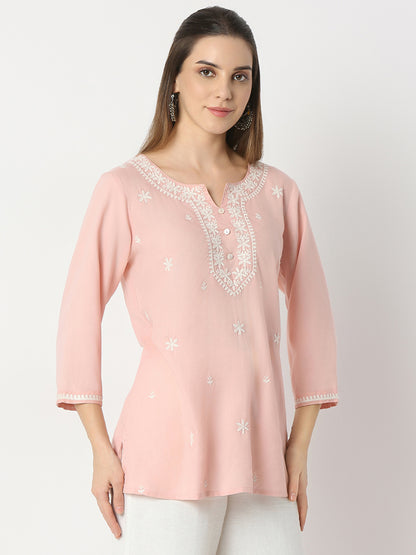 Regular Fit Embroidered Round Neck Short Kurta