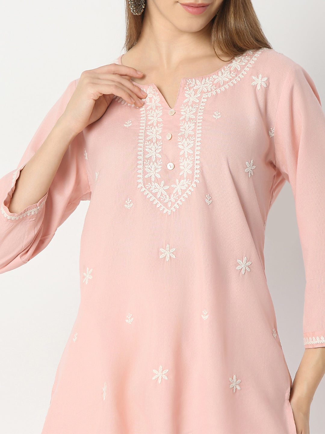 Regular Fit Embroidered Round Neck Short Kurta