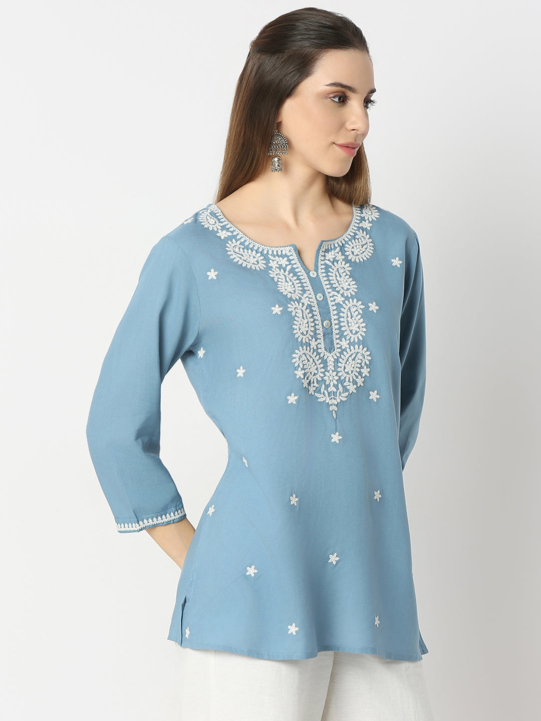 Regular Fit Embroidered Round Neck Short Kurta