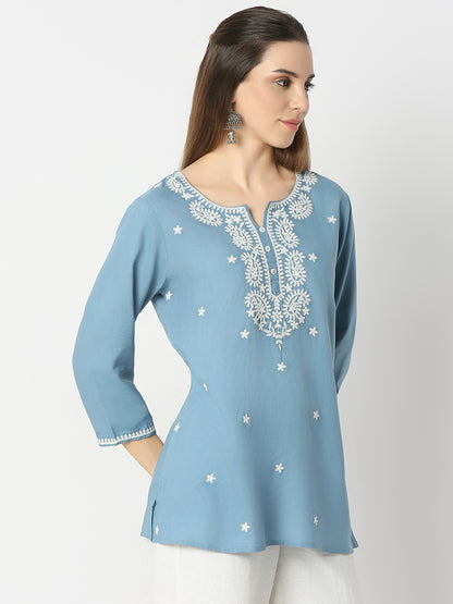 Regular Fit Embroidered Round Neck Short Kurta