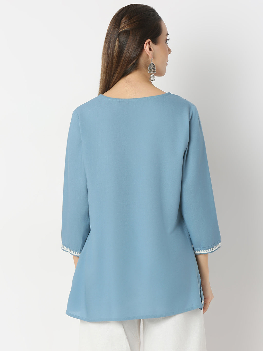Regular Fit Embroidered Round Neck Short Kurta