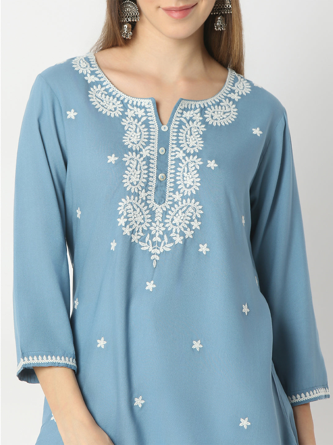 Regular Fit Embroidered Round Neck Short Kurta