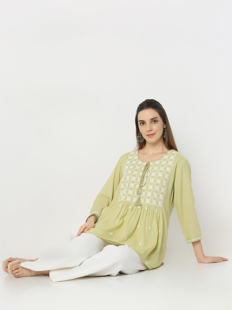 Flare Fit Embroidered Round Neck Short Kurta