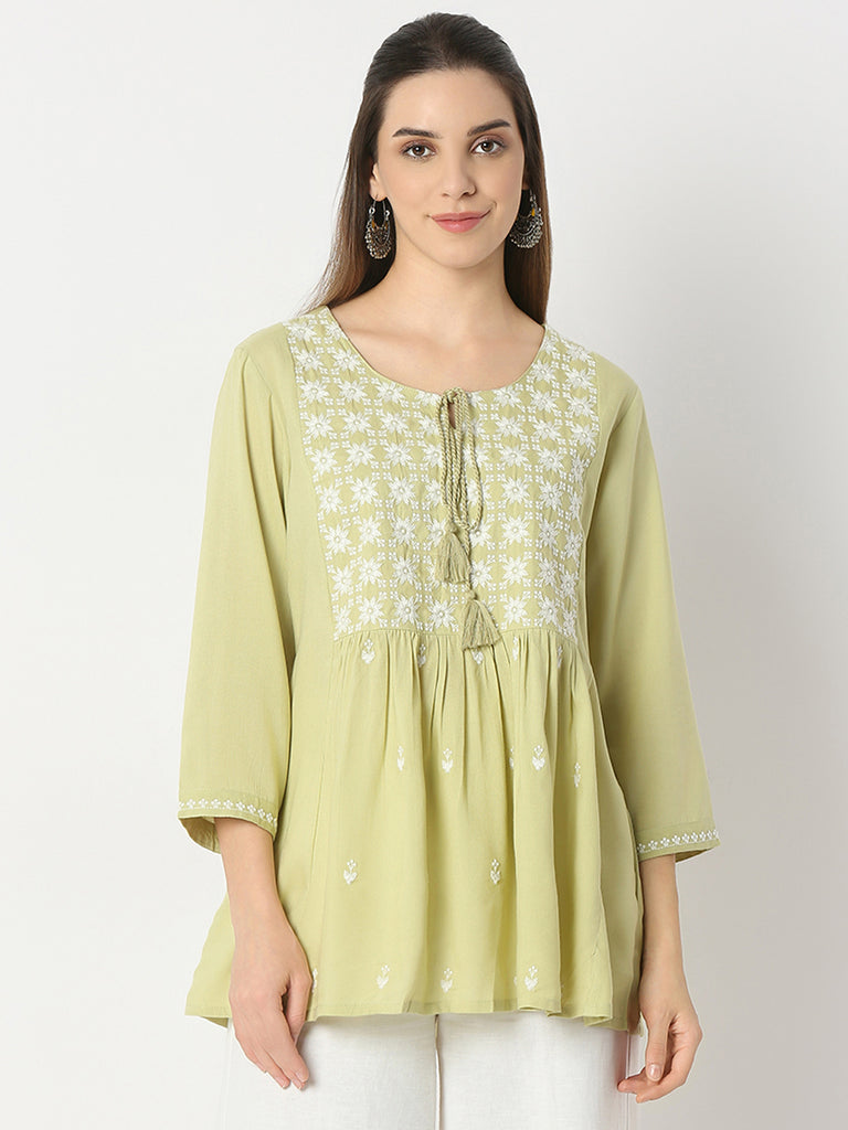 Flare Fit Embroidered Round Neck Short Kurta