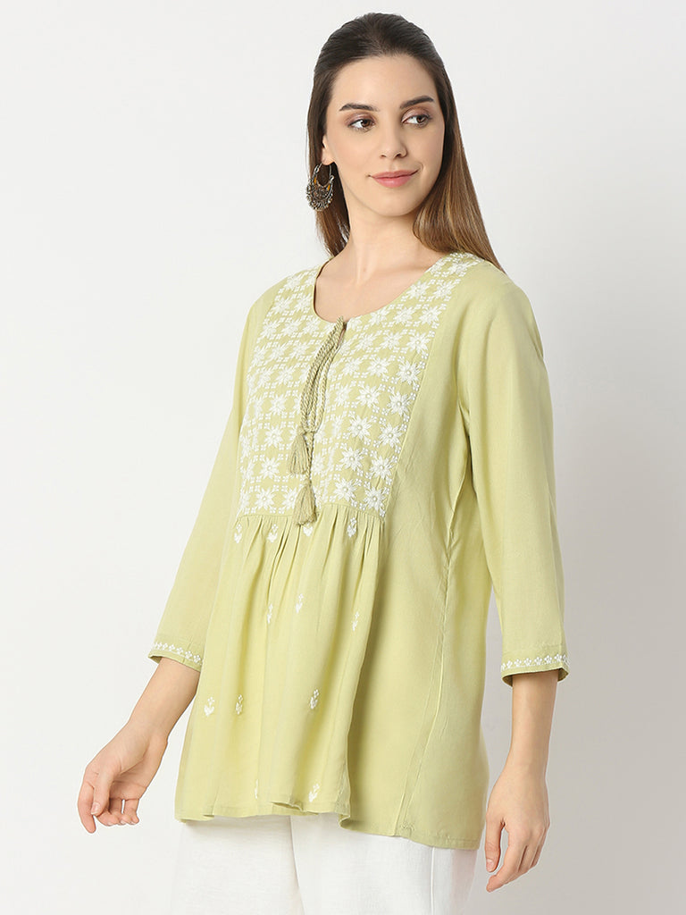 Flare Fit Embroidered Round Neck Short Kurta