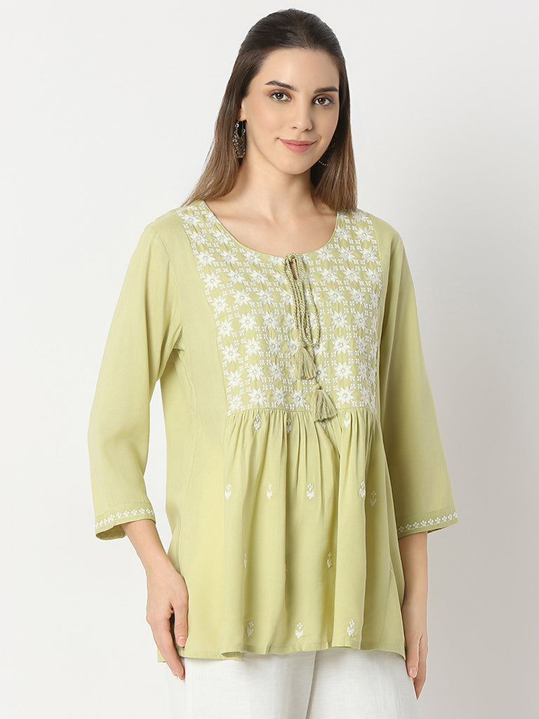 Flare Fit Embroidered Round Neck Short Kurta