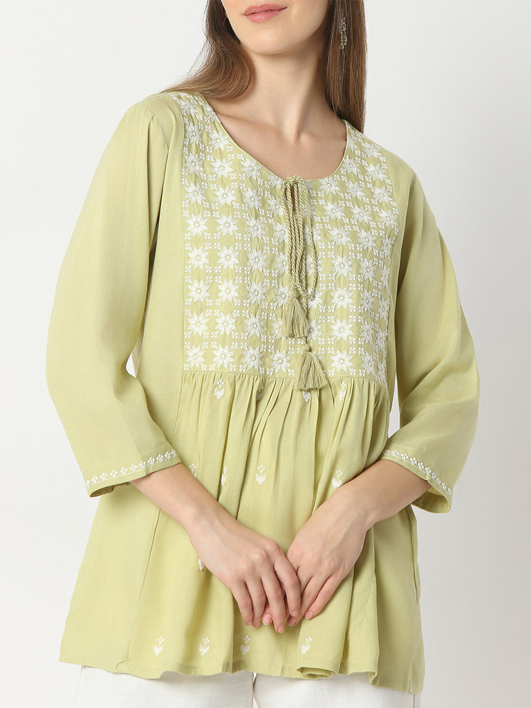 Flare Fit Embroidered Round Neck Short Kurta