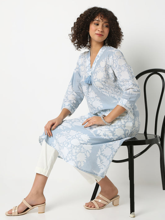 Printed V-Neck Three-Fourth Sleeve Kurta