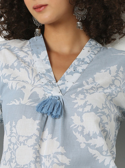 Printed V-Neck Three-Fourth Sleeve Kurta