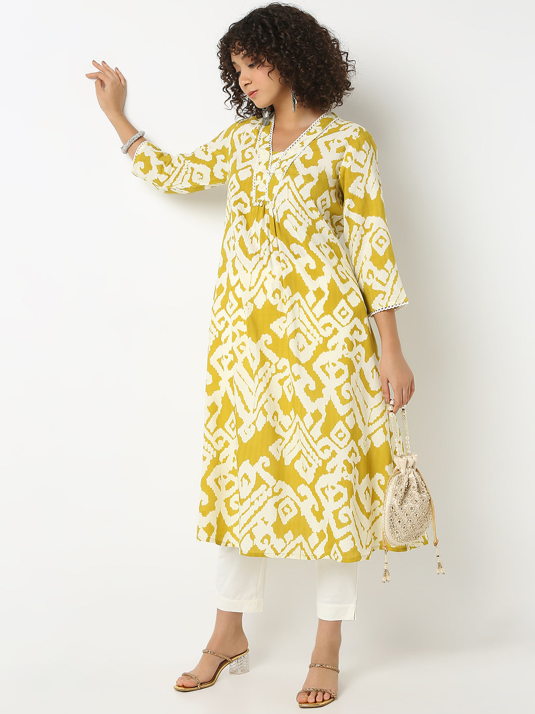 Flare Fit Printed V-Neck Three-Fourth Sleeve Kurta