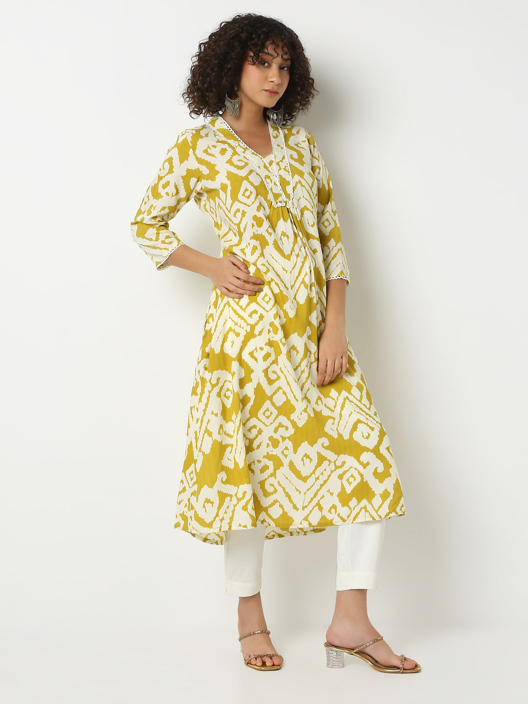 Flare Fit Printed V-Neck Three-Fourth Sleeve Kurta