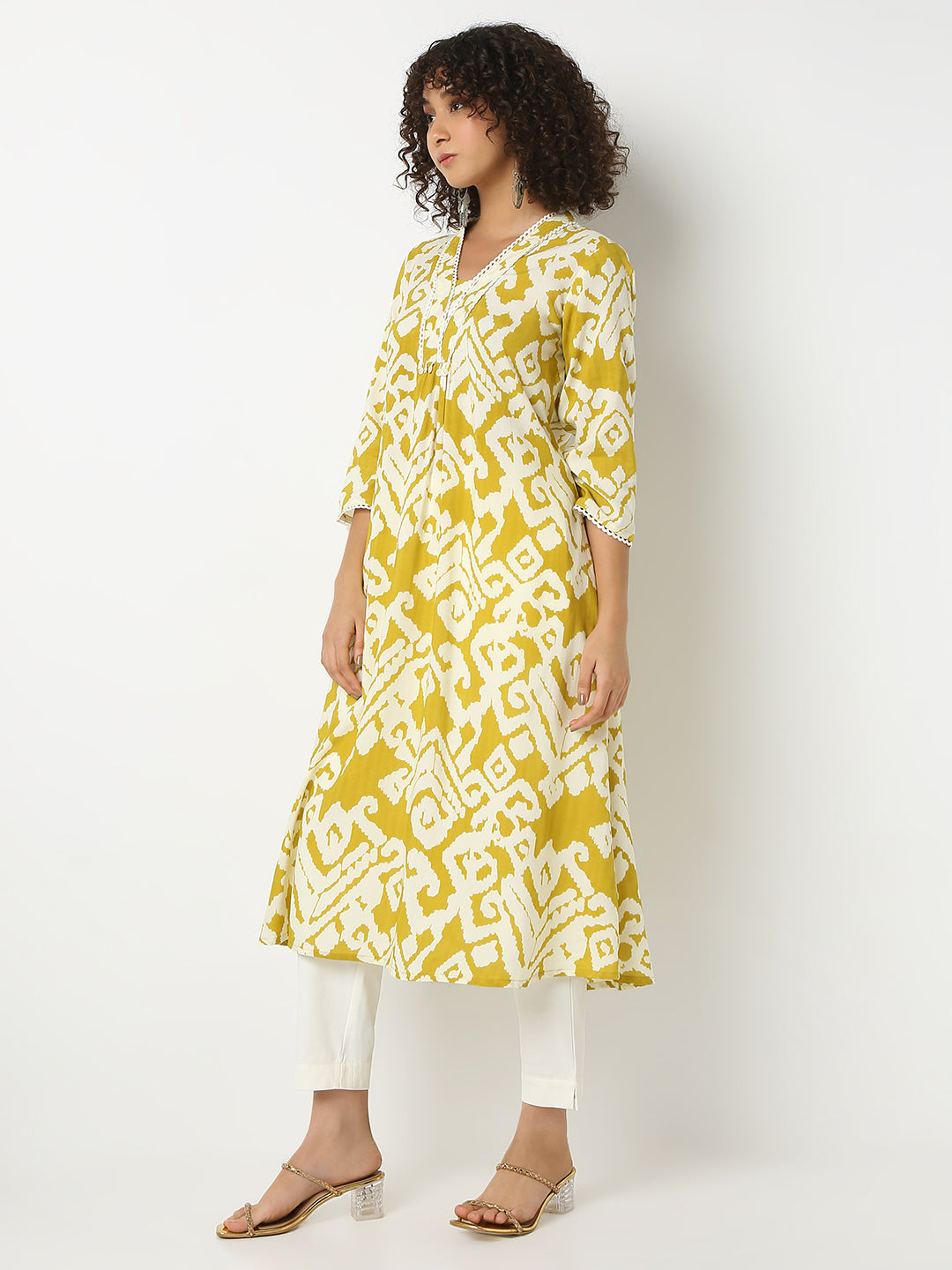 Flare Fit Printed V-Neck Three-Fourth Sleeve Kurta
