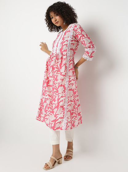 Flare Fit Printed Round Neck Three-Fourth Sleeve Kurta
